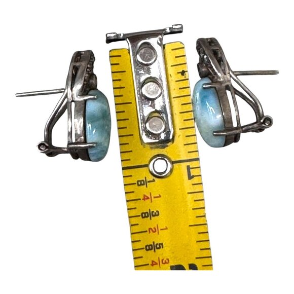 Marahlago Sterling Silver Larimar Gemstone Earrings CZ Accents Oval Shape Omega - Picture 6 of 6